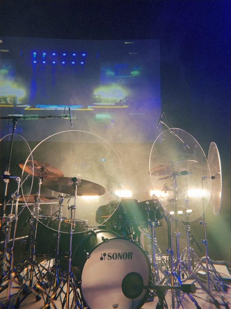 Music Gear Rental Services - Drum Equipment Professional drum kit on stage with Ludwig Black Beauty snare available for rent